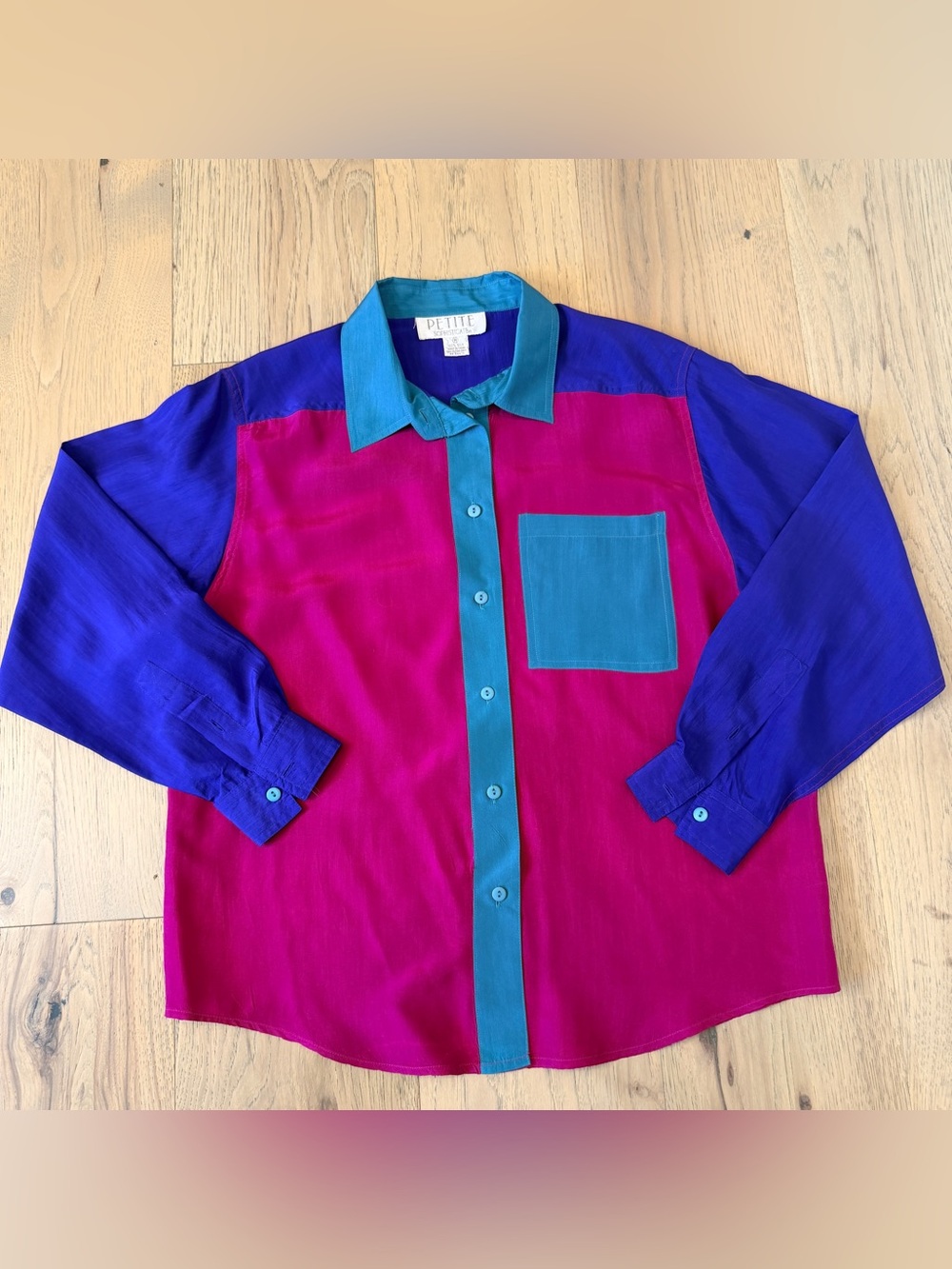 Vintage Silk Petite Sophisticate Color Block Blouse Medium Pink Teal Purple Y2K - Picture 3 of 13